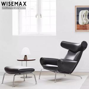 WISEMAX FURNITURE Modern Leisure Style Hotel Living Room Soft Black Leather Reclining Lounge Single Sofa Chair With Ottoman