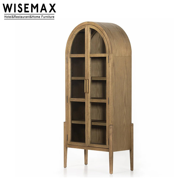 WISEMAX FURNITURE American Style Livingroom Furniture Retro Arched Bookshelf Vintage Solid Wood Wine Cabinet With Glass For Home