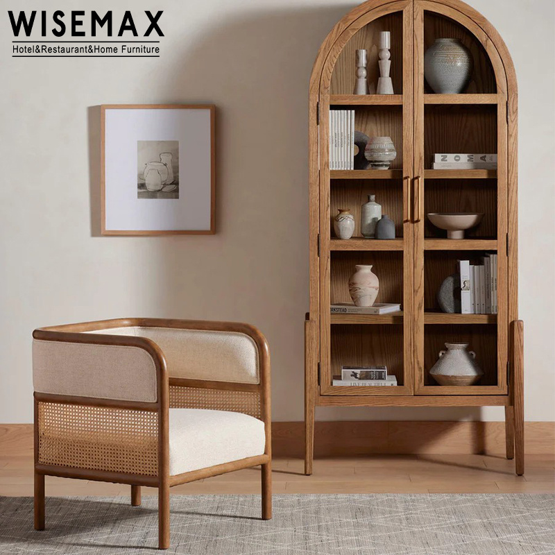 WISEMAX FURNITURE American Style Livingroom Furniture Retro Arched Bookshelf Vintage Solid Wood Wine Cabinet With Glass For Home