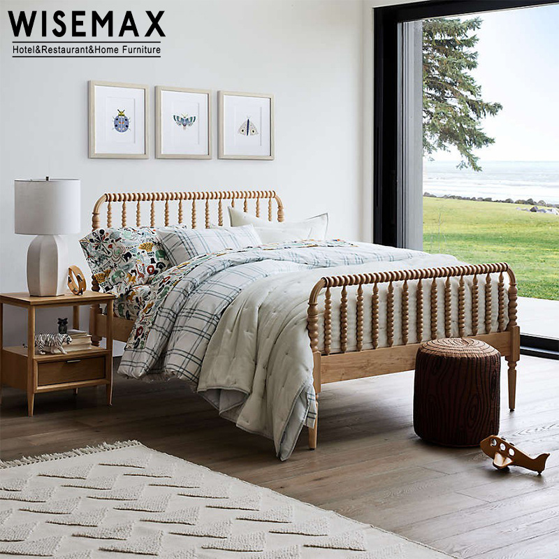 WISEMAX FURNITURE France Retro Beech Wood Queen Bed Modern Bedroom Furniture Roman Pillar Design Wood King Bed