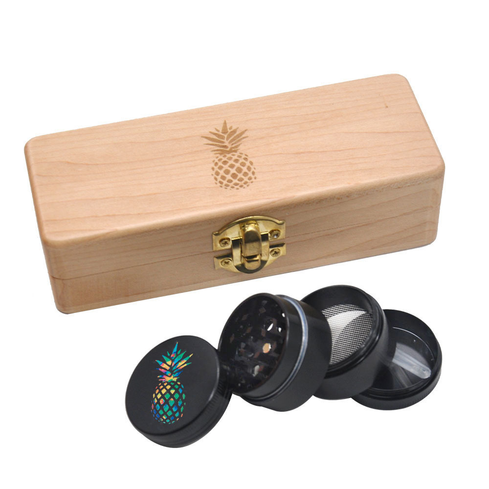 Custom Logo Wooden Stash Case Box 40mm Herb Aluminum Alloy Grinder Metal Storage Jar Storage Kit Set Smell Proof Box With Lock