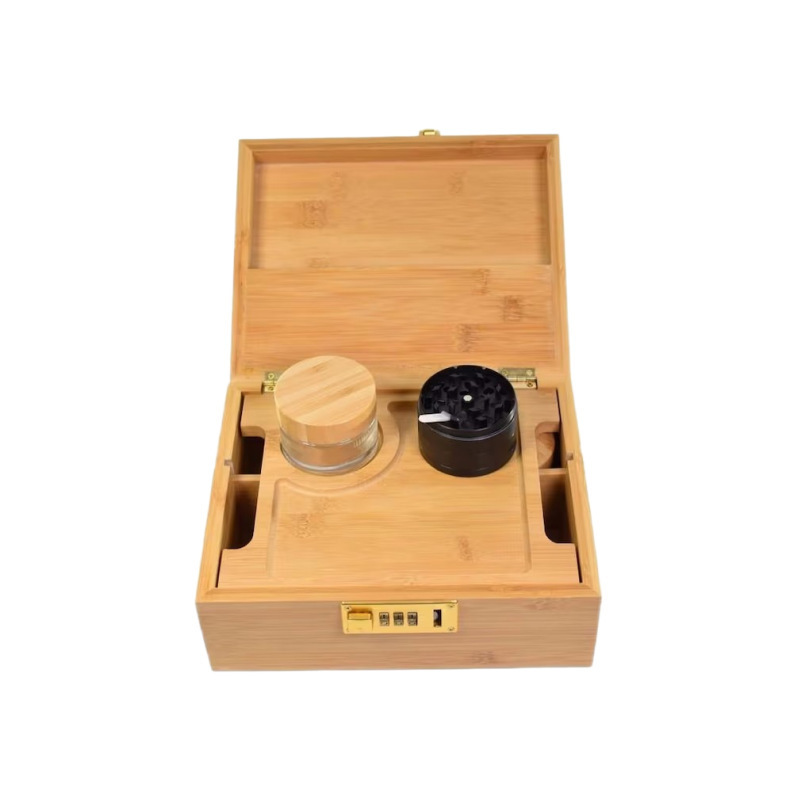 Wholesale Wooden Stash Gift Box Combo Kit with Grinder Stash Jar Rolling Tray Storage Compartment Box Set With Cr Lock