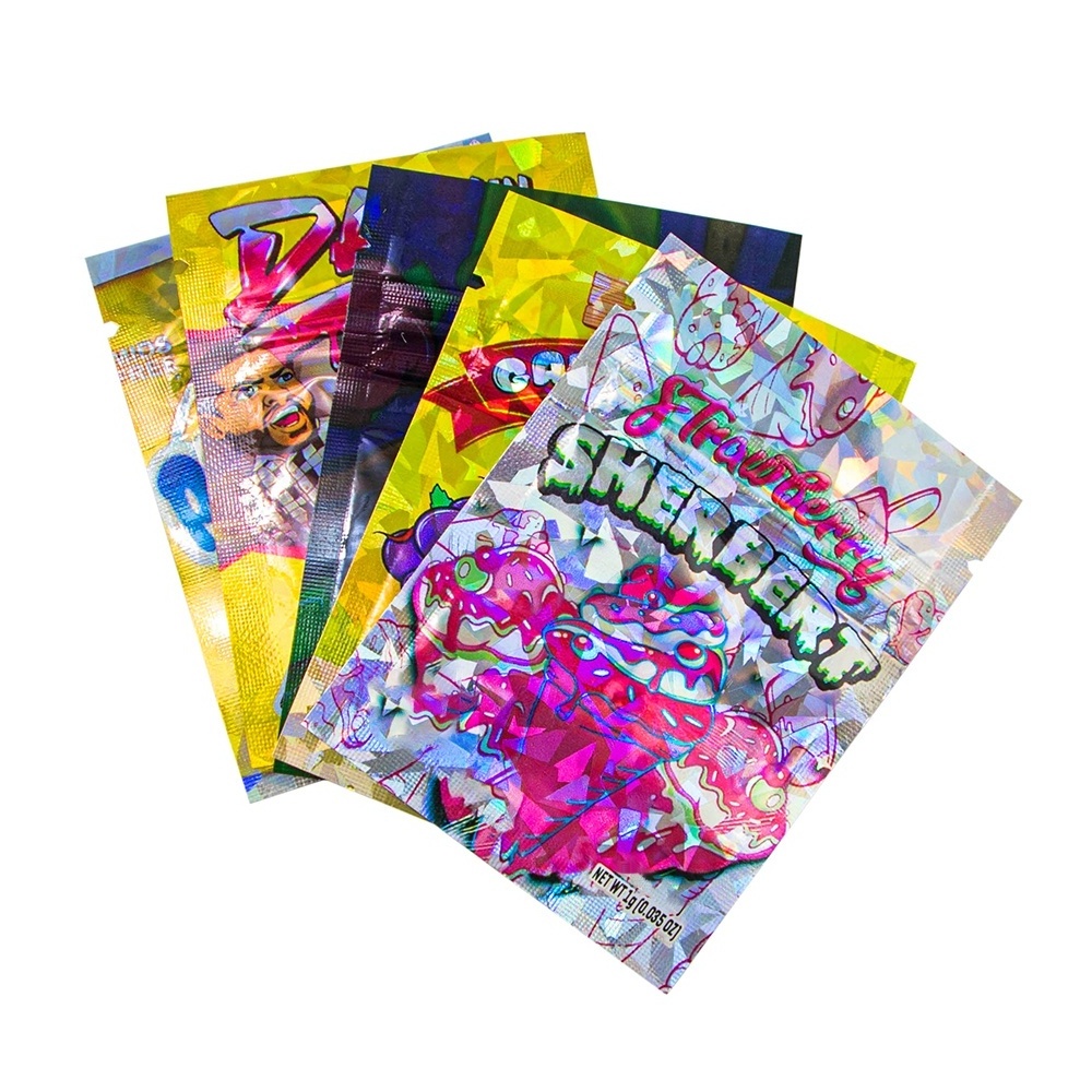 1g 3.5g 7g 14g 28g Smell Proof Zip Lock Flat Pouches 3 Side Seal custom printed holographic laser die cut zipper mylar bags