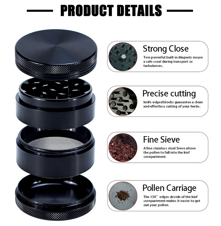 40Mm 50Mm 55Mm 63Mm 75Mm Customized Black Zin Aluminum Alloy Tobacco Grinder 4 part Large Herb Grinder