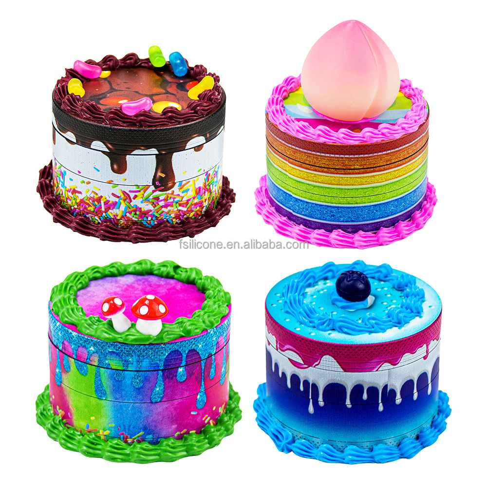 Creative Aluminum  Alloy 63cmm Silicone Integrated  4 Part Herb Grinder Manual Cute Cake Simulation Tobacco Grinder