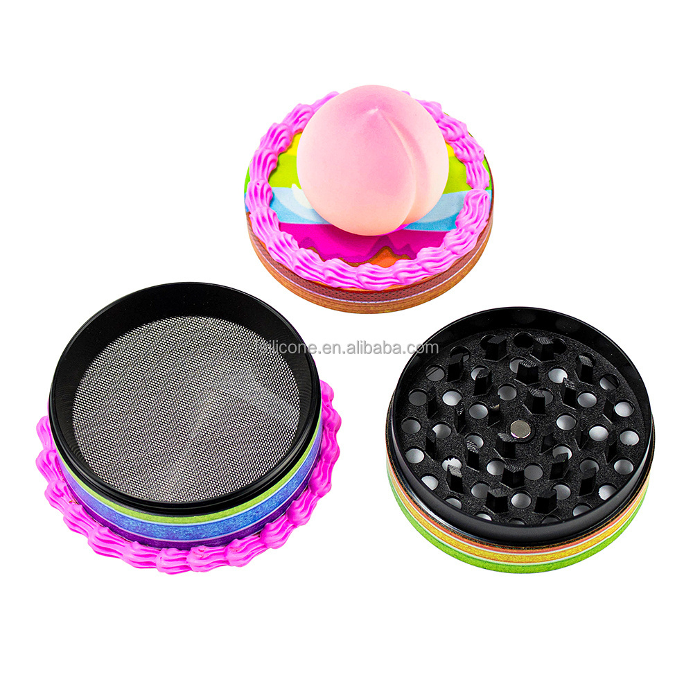 New Design 63cmm Silicone Integrated  4 Part 2.5 inch metal grinder Herb Grinder Manual Cute Cake Simulation Tobacco Grinder