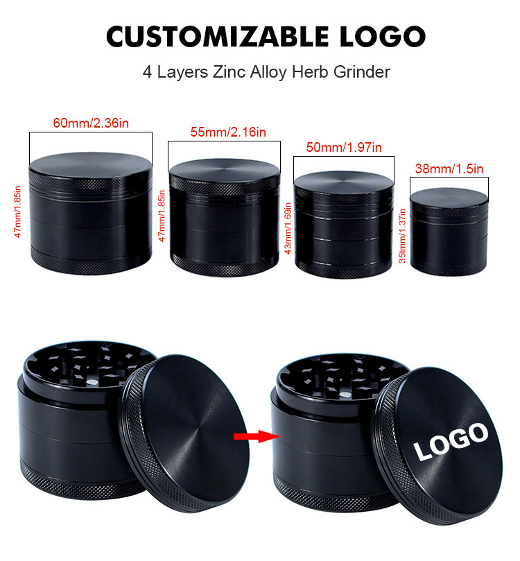 40Mm 50Mm 55Mm 63Mm 75Mm Customized Black Zin Aluminum Alloy Tobacco Grinder 4 part Large Herb Grinder