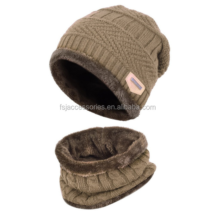 HZM-18178 Mens Winter Beanie Hats Scarf Set Warm Knit Hats Skull Cap Neck Warmer with Thick Fleece Lined Winter Hat & Scarf