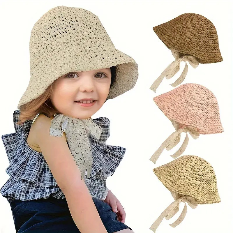 HZM-24090 Summer Baby Lace Tie Straw Children's Soft Cool Sun Hats Korean Style Spring Baby Girl Child Bucket Hat