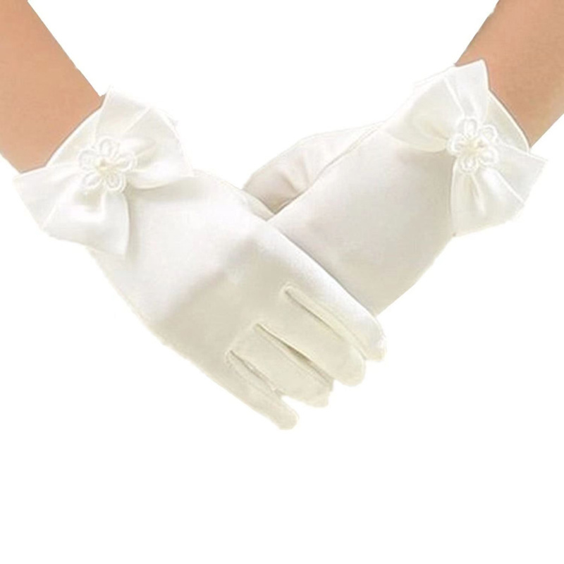 HZS-23001 bridal gloves white wedding satin gloves thin bow full finger dress photo accessories small girls gloves