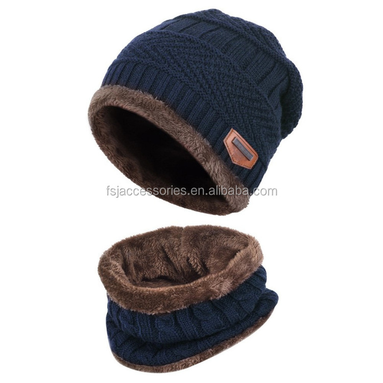 HZM-18178 Mens Winter Beanie Hats Scarf Set Warm Knit Hats Skull Cap Neck Warmer with Thick Fleece Lined Winter Hat & Scarf