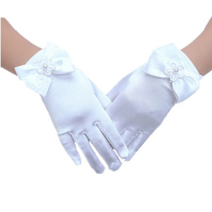 HZS-23001 bridal gloves white wedding satin gloves thin bow full finger dress photo accessories small girls gloves