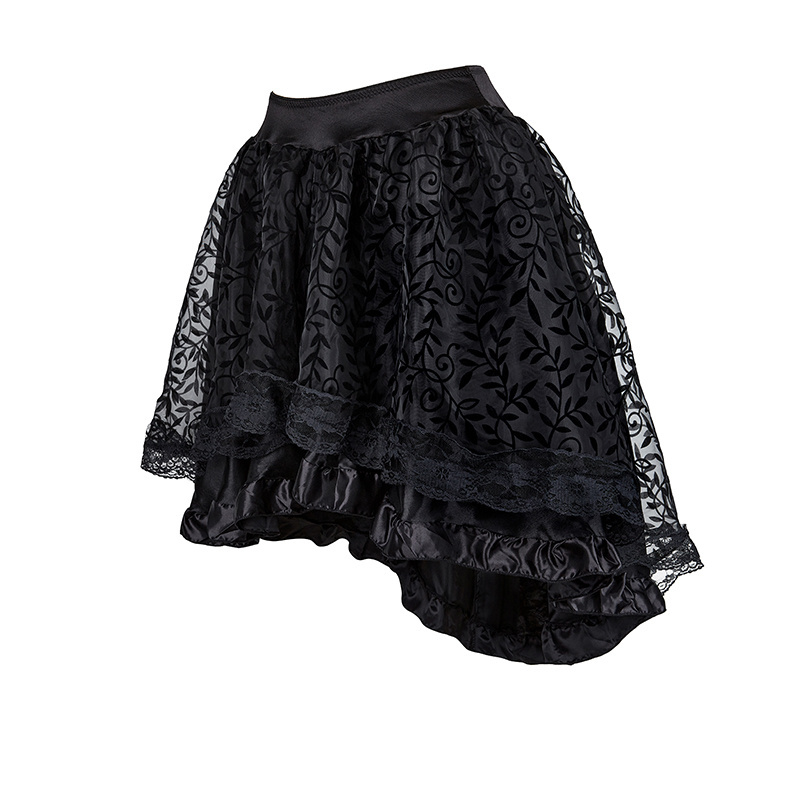 Black Brown Women's Tulle Asymmetrical Ruffled Satin Trim Skirt  Retro Gothic Dance Lace Pleated Skirts