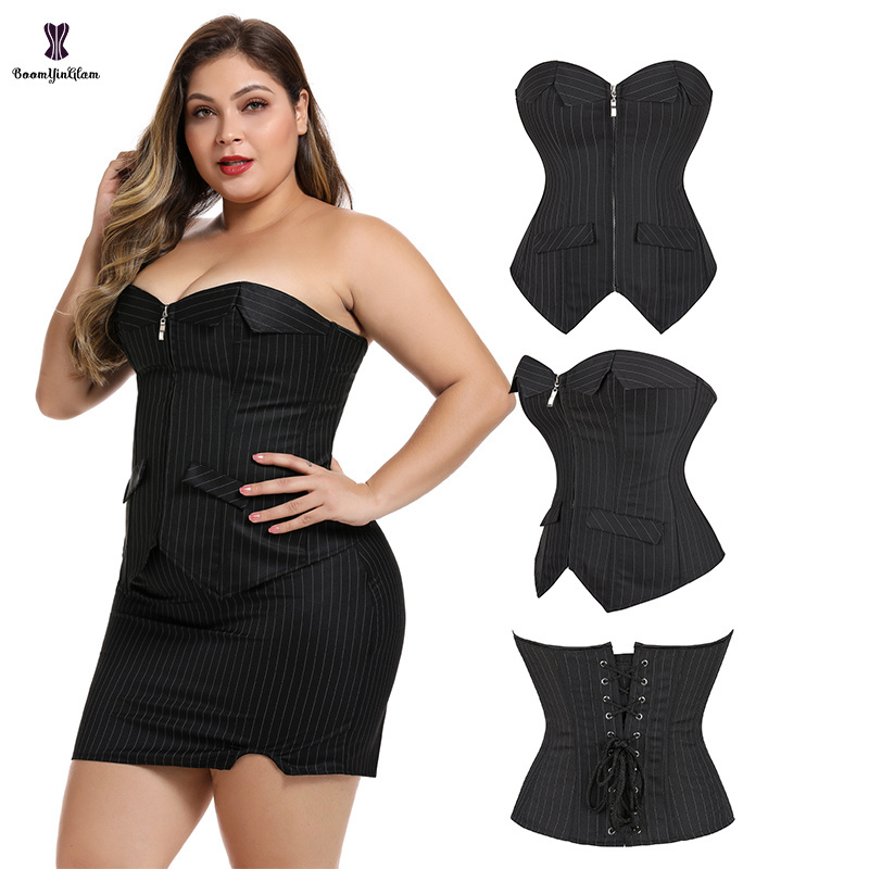 Fashion Design Lace Up Boned Bustier Invisible Zip  OL Shpewear Suit Pin Stripe Corset Dress For Busty Women