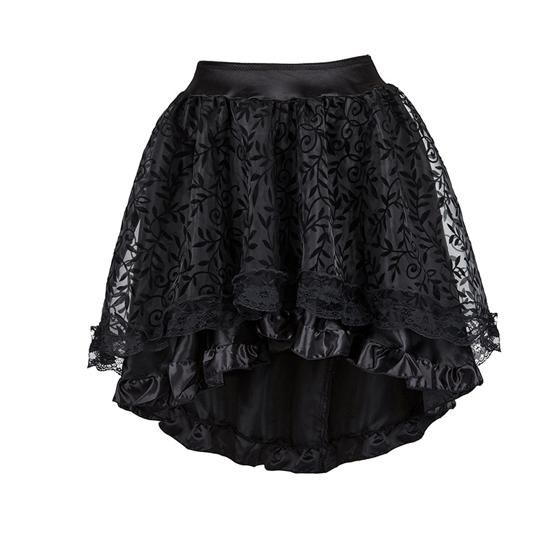 Black Brown Women's Tulle Asymmetrical Ruffled Satin Trim Skirt  Retro Gothic Dance Lace Pleated Skirts