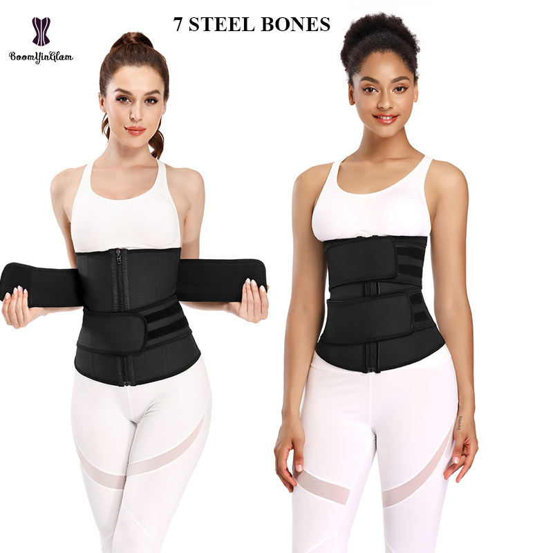 Personality Logo Latex Double Belts Zip Up Waist Trainer Corset With Zipper 7 Steel Boned Waist Trainer Shapers For Women