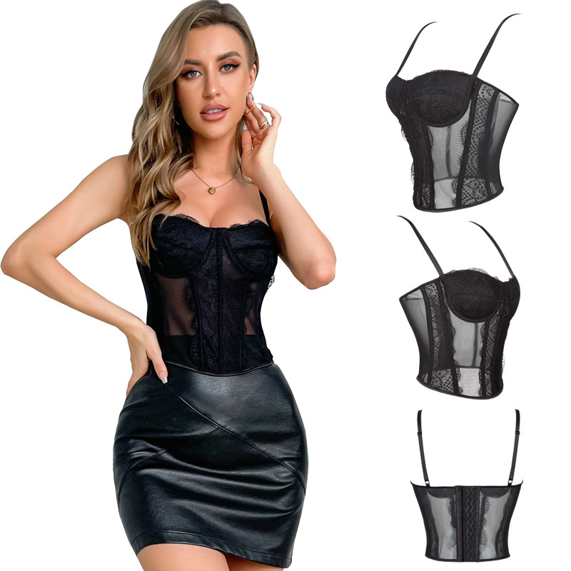 9-fish boned sexy adjustable strap lace up corset bling unlined bodysuit with exposed boning