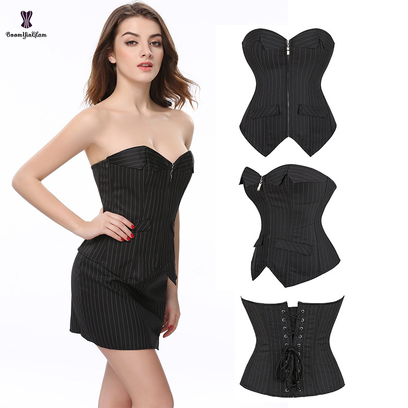 Fashion Design Lace Up Boned Bustier Invisible Zip  OL Shpewear Suit Pin Stripe Corset Dress For Busty Women