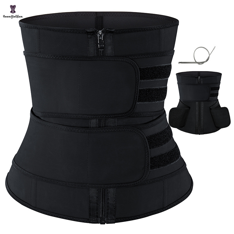 Personality Logo Latex Double Belts Zip Up Waist Trainer Corset With Zipper 7 Steel Boned Waist Trainer Shapers For Women