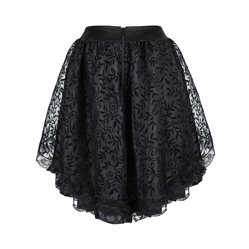 Black Brown Women's Tulle Asymmetrical Ruffled Satin Trim Skirt  Retro Gothic Dance Lace Pleated Skirts