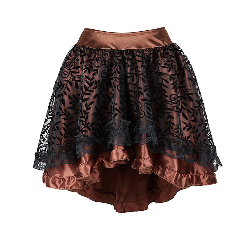 Black Brown Women's Tulle Asymmetrical Ruffled Satin Trim Skirt  Retro Gothic Dance Lace Pleated Skirts