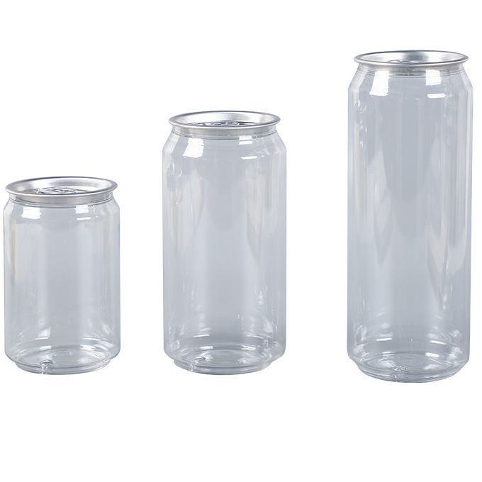 wholesale empty clear custom 250 ml 350 ml 500 ml 650 ml 750 ml transparent PET can plastic can drink soda coffee beverages can