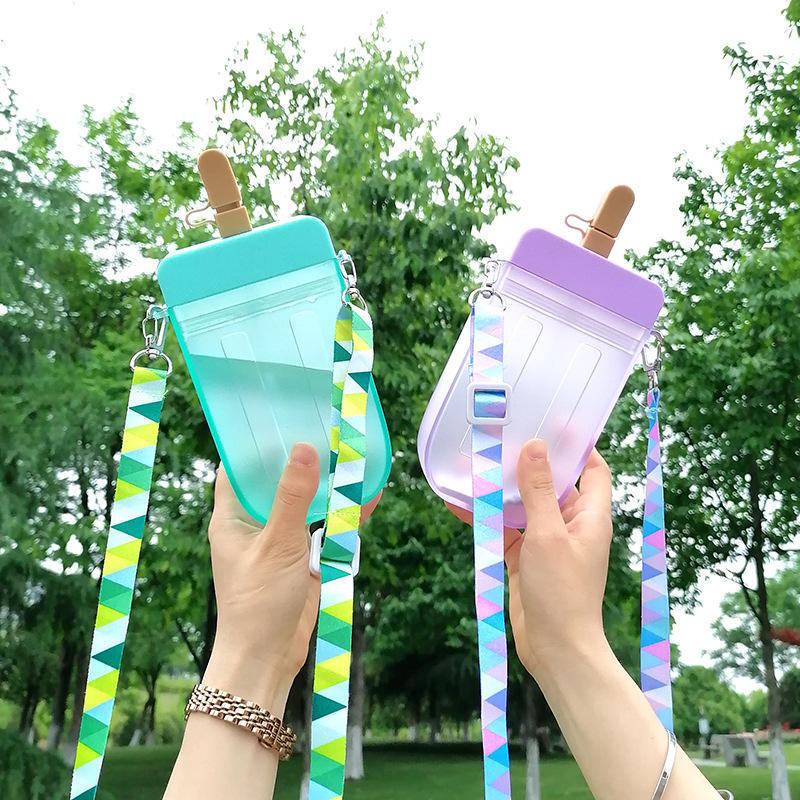 Leakproof Bpa Free Cute Girls Water Bottle With Straw 300ml Ice Cream Popsicle Drinking Cups Adjustable Shoulder Strap For Kids