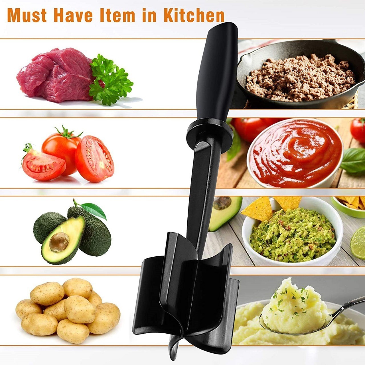 Durable Kitchen Cooking Gadget Ground Meat Chopper 5 Curve Blades Ground Fruit Vegetables Crusher Meat Masher