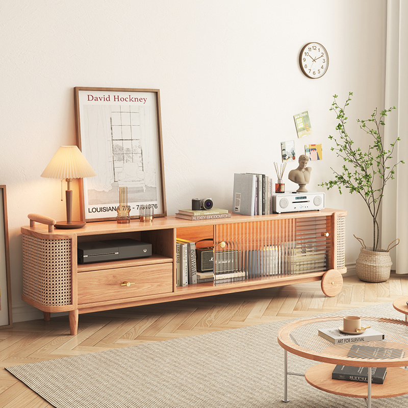 Modern Fresh Style Living Room Furniture Storage Wooden Rattan Tv Stand Cabinets