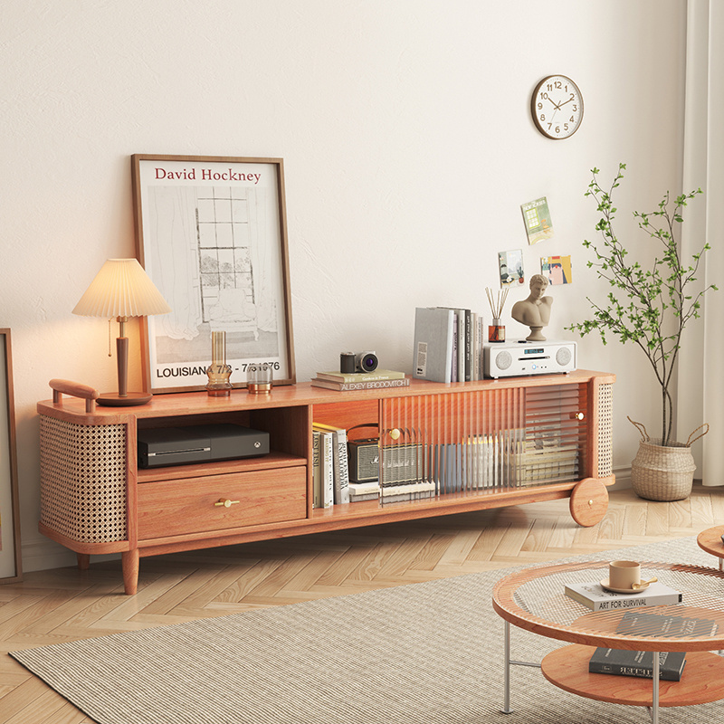 Modern Fresh Style Living Room Furniture Storage Wooden Rattan Tv Stand Cabinets