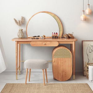 Bedroom Furniture  Rattan Decoration Modern Round Mirror  Wooden Makeup Dressing Table