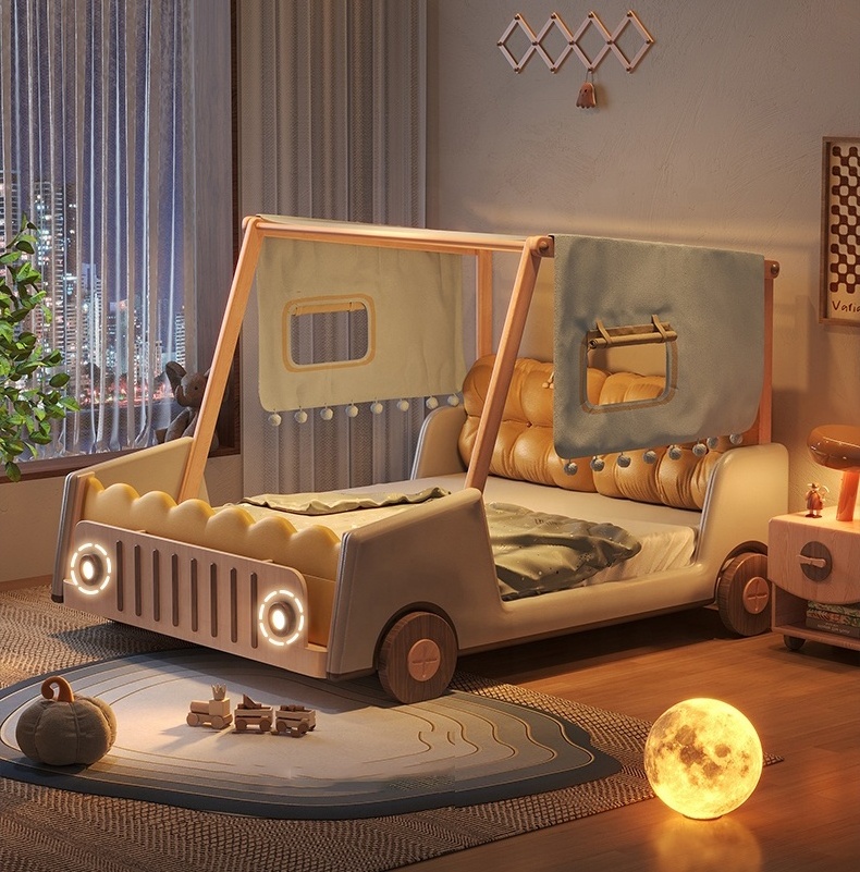 Kids Convertible Sports Car Bed Racing Guardrail Storage LED Headlight Solid Wood House Bed for Children