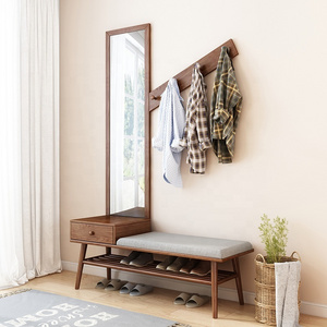 Japanese Simple Style Long Soft Sponge Seat Full-Length Mirror Wooden Shoe Rack Modern Shoe Cabinet