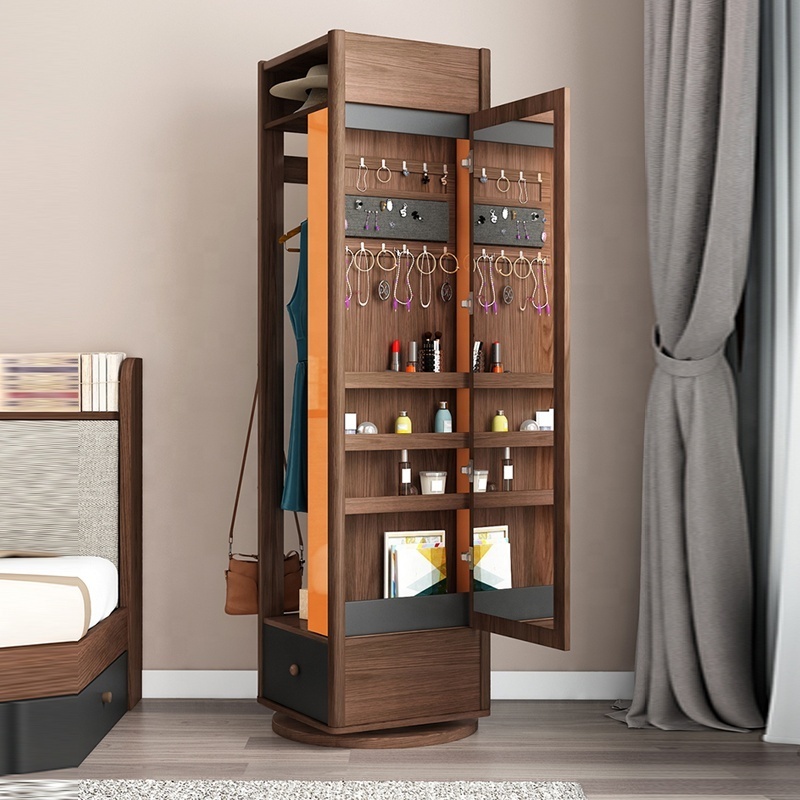 Bedroom Furniture Modern Storage Mirrored Wooden Rotatable Clothes Closets Coat Rack