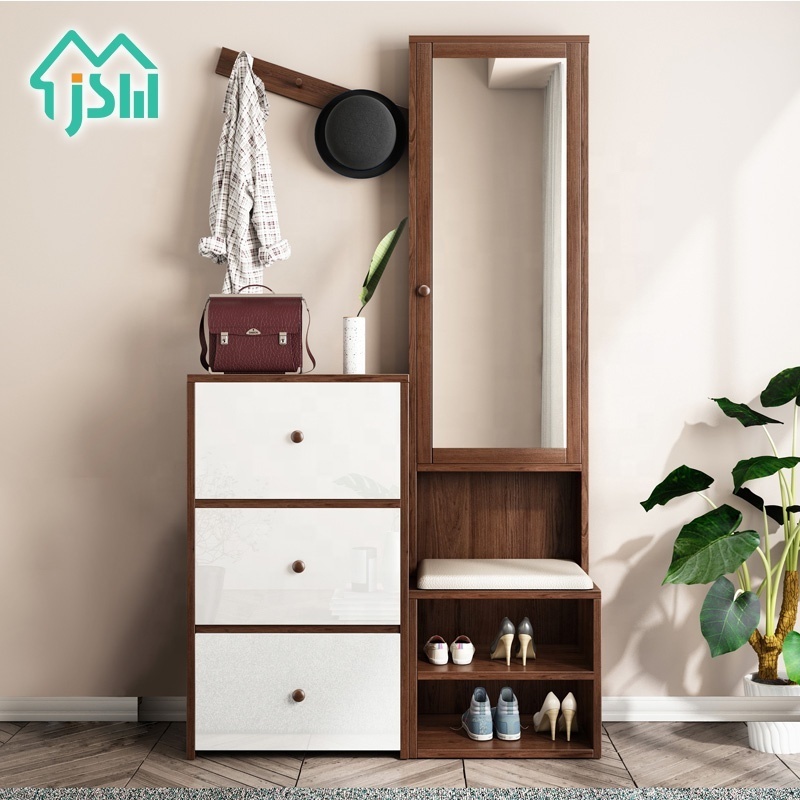 Chinese Style Modern Entrance Cabinet Storage Mirror Shoe Rack  Rotating Shoes Storage Wood Cabinet