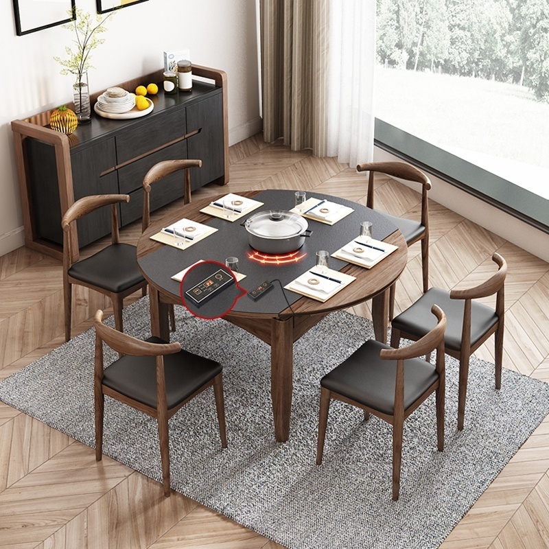 Modern Home Furniture Multifunction Sintered Stone Induction Cooker Round Extendable Dining Table Set