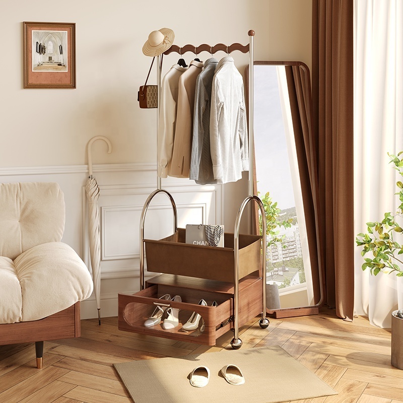 Home Furniture Rotatable Hall Trees Entryway Stainless Steel Wooden Frame Clothes Shoe Drawer Mobile Hat Coat Rack