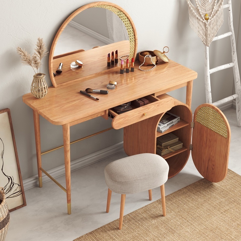 Bedroom Furniture  Rattan Decoration Modern Round Mirror  Wooden Makeup Dressing Table