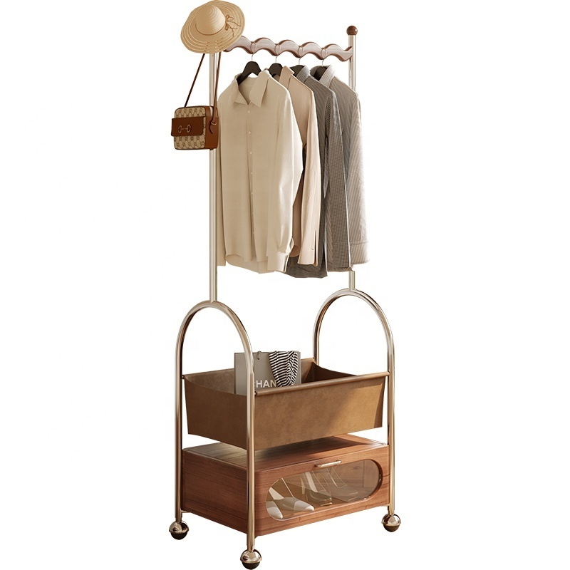 Home Furniture Rotatable Hall Trees Entryway Stainless Steel Wooden Frame Clothes Shoe Drawer Mobile Hat Coat Rack