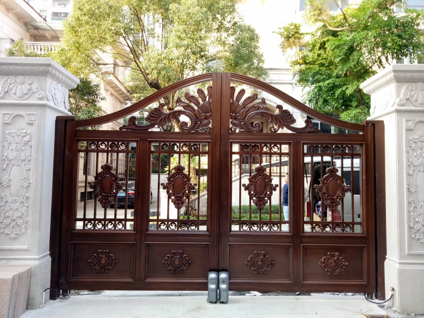 church door iron square flower accordion driveway road foldable gate decoration pillar design