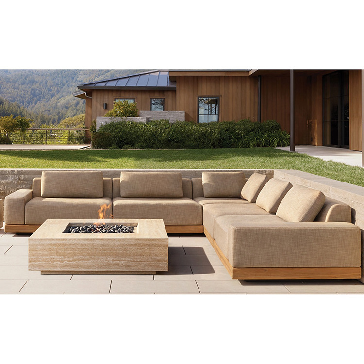 Modern Weathered Teak Outdoor Sofa Conversation Set Solid Wood Corner Sofa Garden Furniture Sectional L Shape Sofa Set