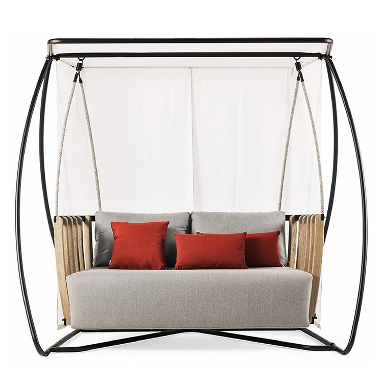 New Design Outdoor Double Hanging Swing Chair Aluminum and Teak Wood Frame Home Balcony Villa Courtyard Park Patio Porch Swing