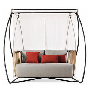 New Design Outdoor Double Hanging Swing Chair Aluminum and Teak Wood Frame Home Balcony Villa Courtyard Park Patio Porch Swing