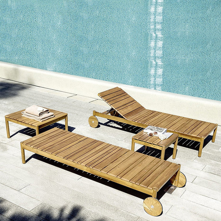 Outdoor Teak Wood Beach Bed Garden Patio Waterproof Sunbed Swimming Pool Sun Lounger With Wheels