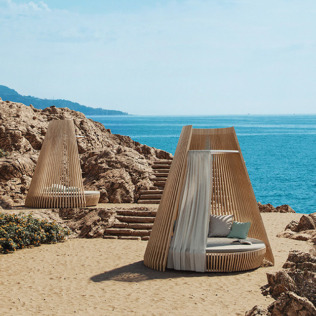 New Design All Weather Teak Wood Tapered Round Outdoor Daybed With Canopy for Garden Park Resort Hotel Furniture