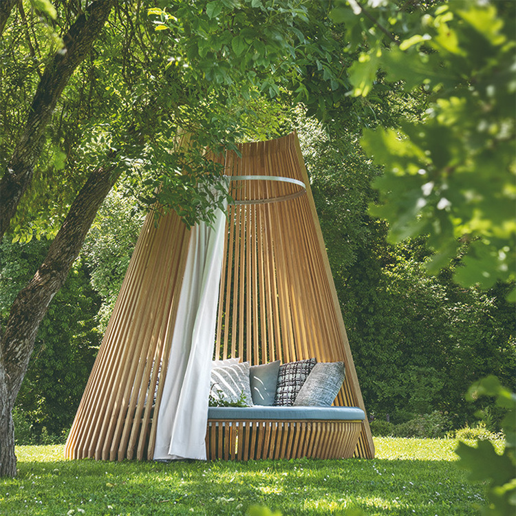 New Design All Weather Teak Wood Tapered Round Outdoor Daybed With Canopy for Garden Park Resort Hotel Furniture