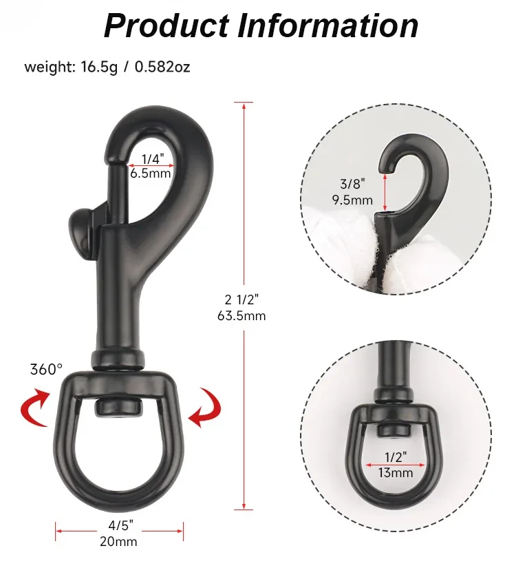 Durable black metal clip stainless steel swivel snap hook for dog leash