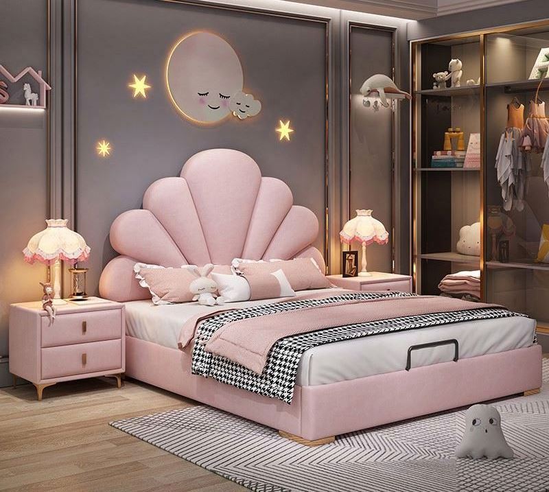 Light luxury children beds furniture girl princess pink velvet bed princess kids bed