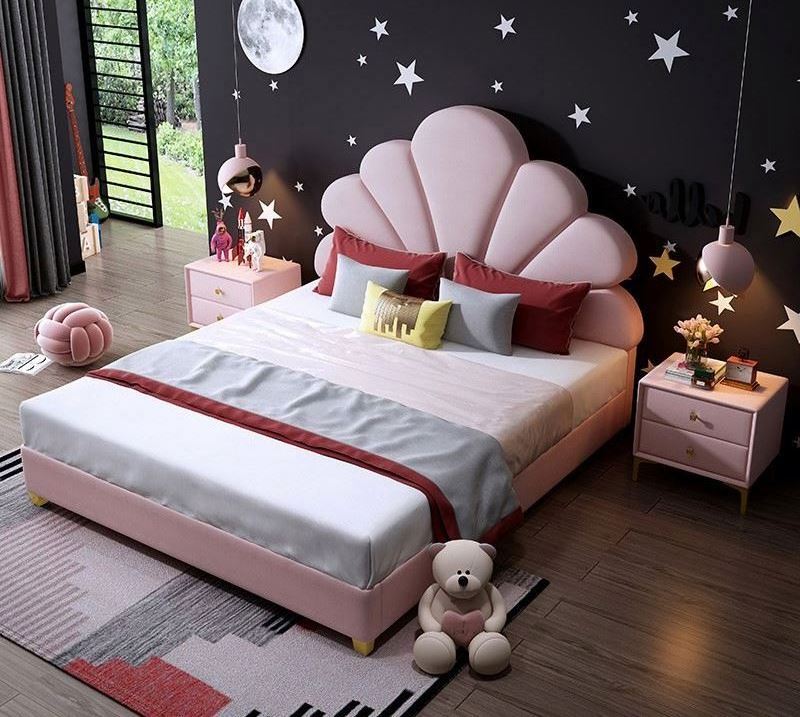 Light luxury children beds furniture girl princess pink velvet bed princess kids bed