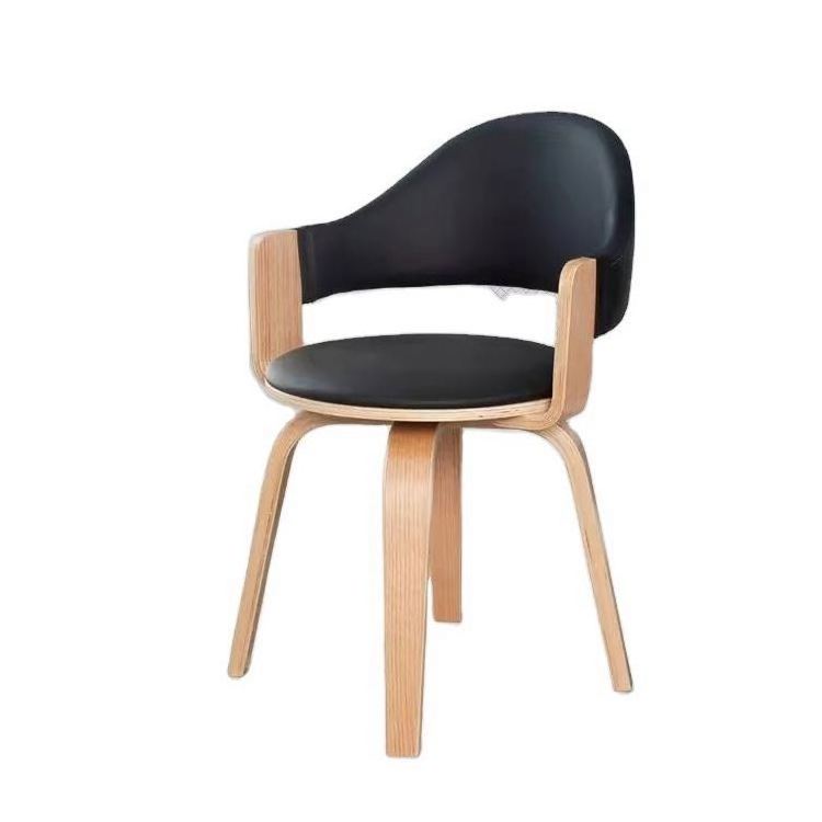 Nordic creative simple leisure dining chair black leather wood chair with armrest side chair wood arms leather